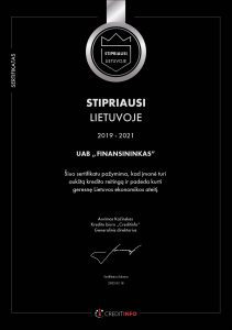 UAB Finansininkas istorinis Creditinfo Stipriausi Lietuvoje 2019–2021 sertifikatas